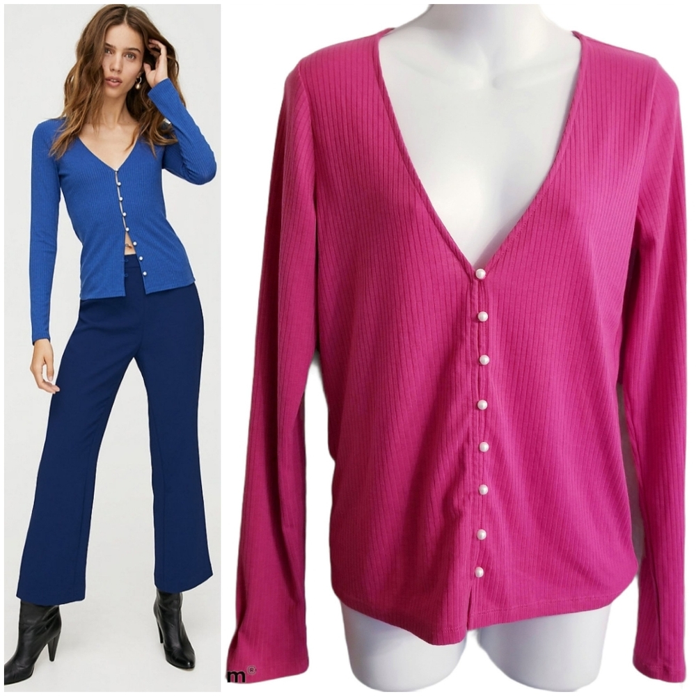Aritzia Ribbed V-Neck Button Front Cardigan — Blue / Magenta